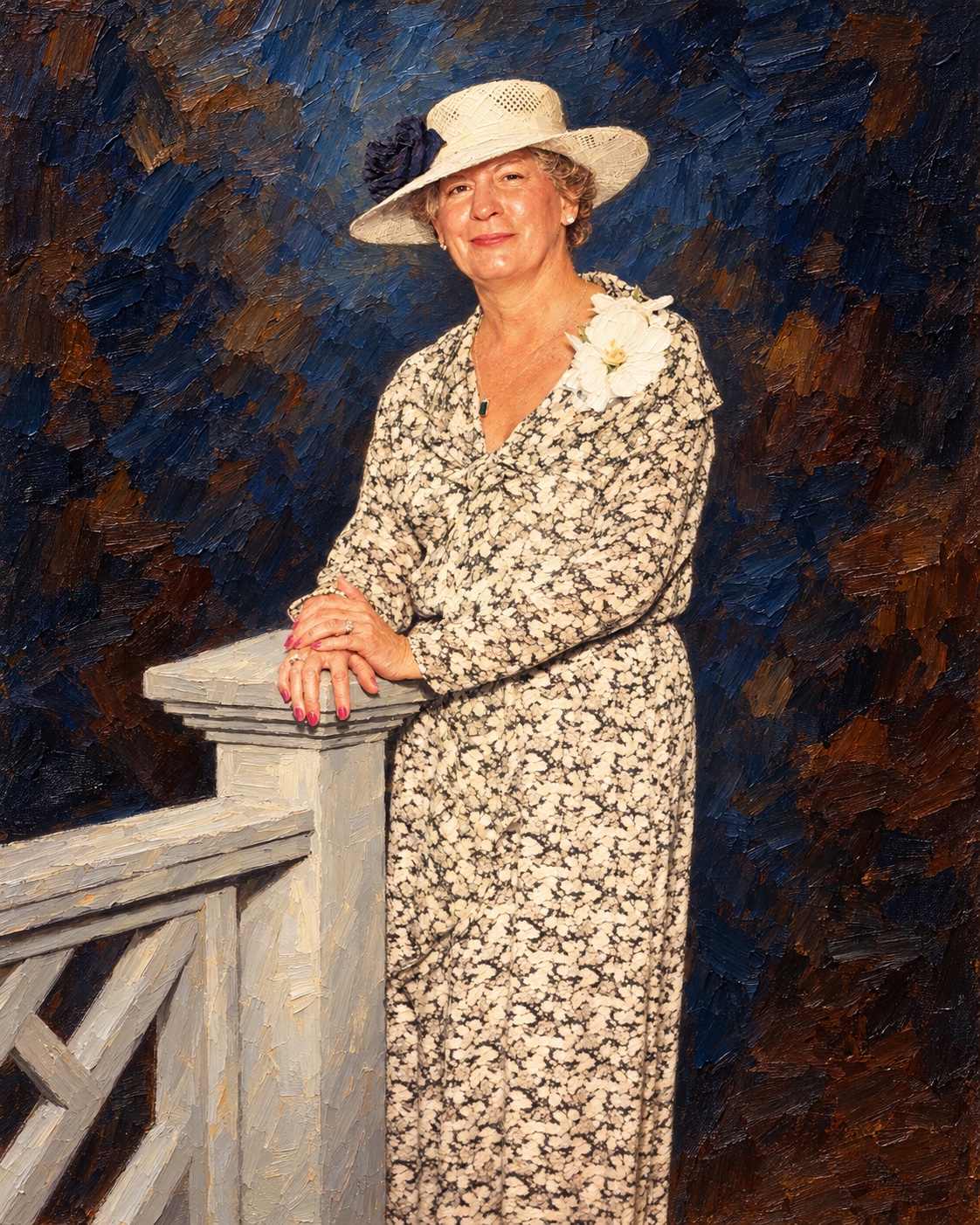 Woman in a hat with a painted studio background