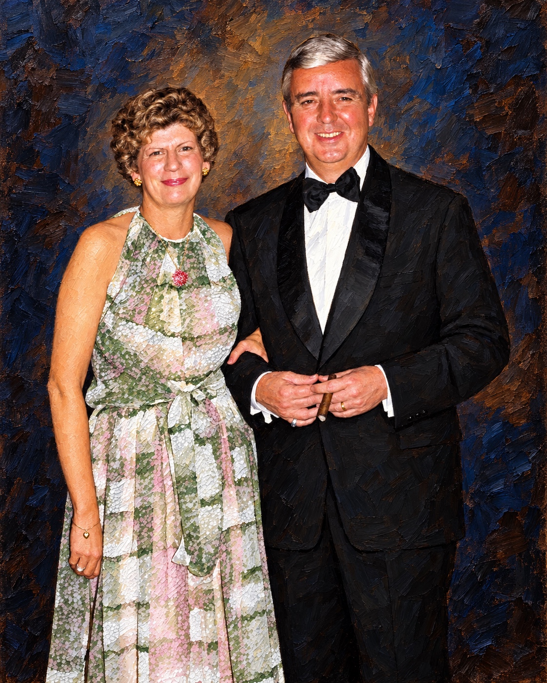 Formally dressed couple with a painted studio background