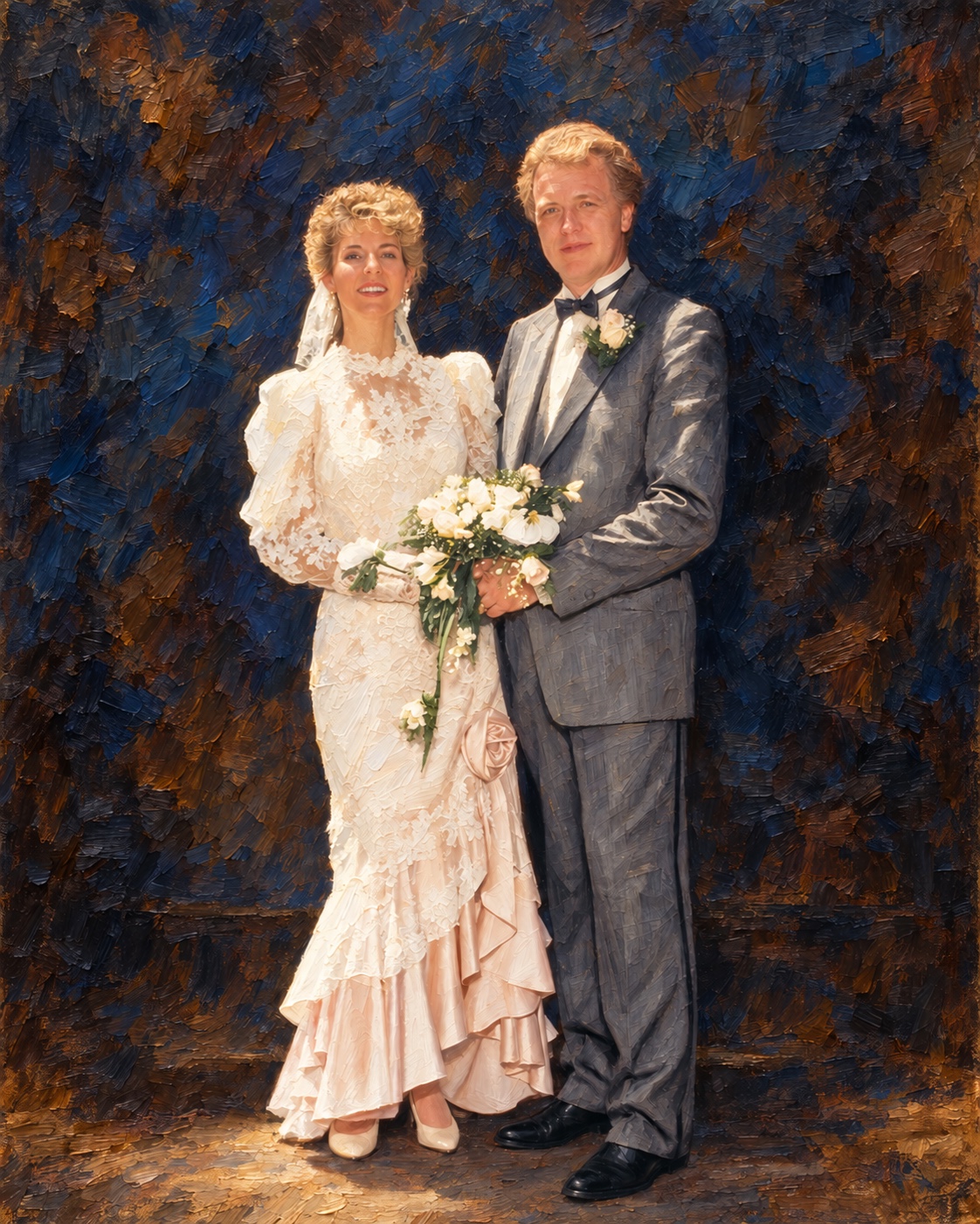 Bride and groom with a painted studio background