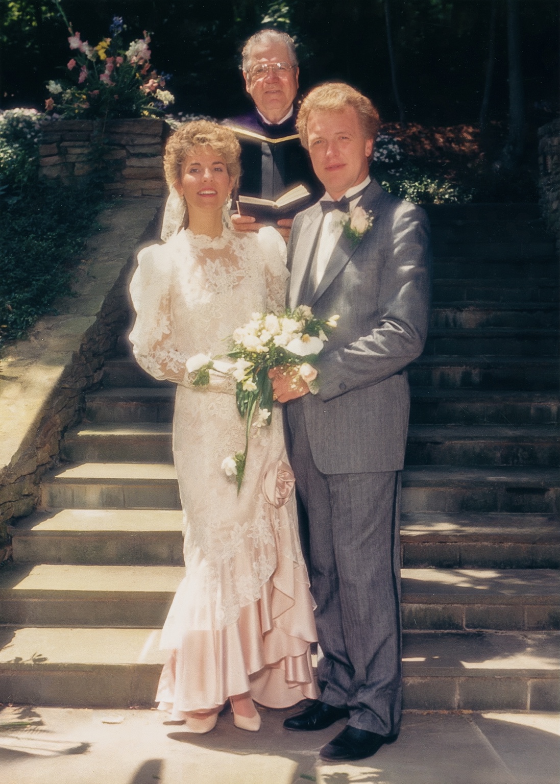 Bride and groom outdoors before the background change