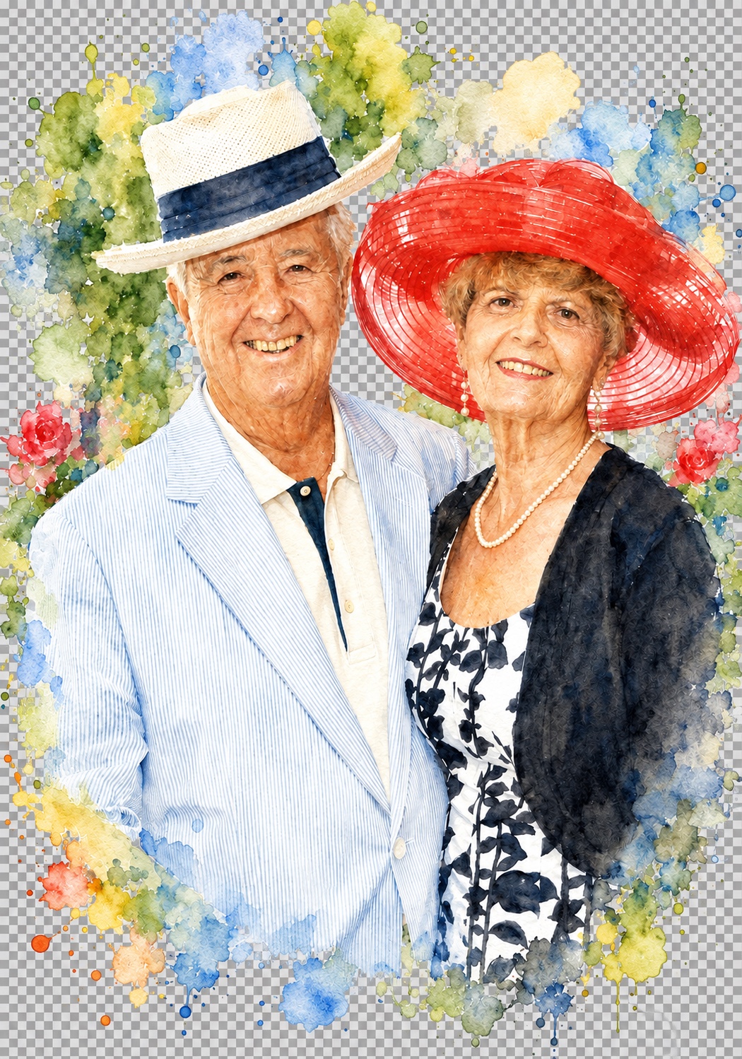 Watercolor portrait of a smiling couple in hats