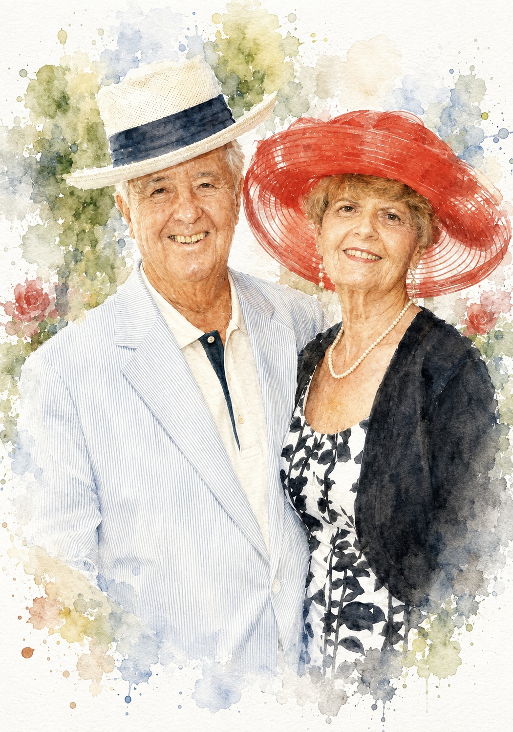 Watercolor portrait of a smiling couple in summer hats