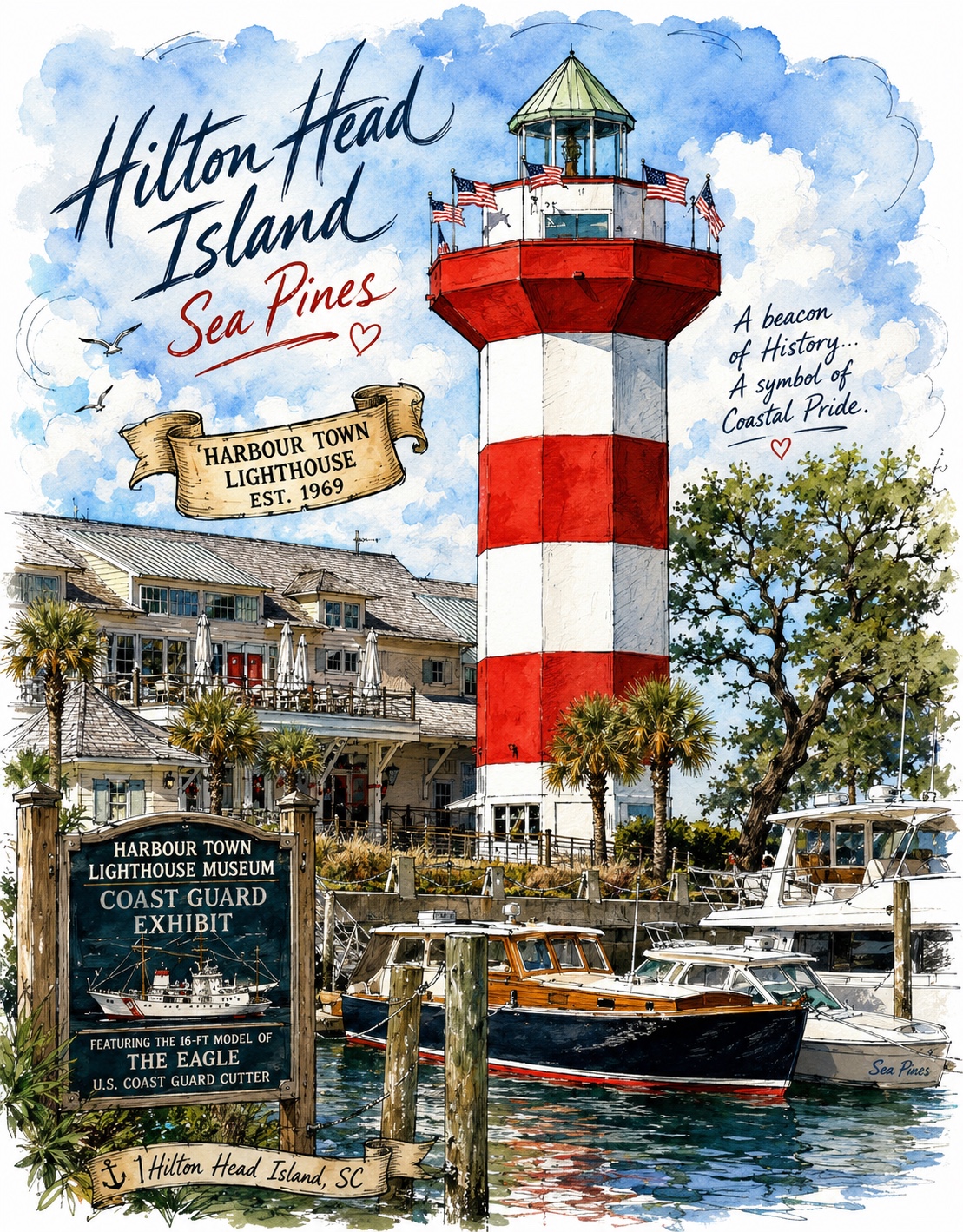 Watercolor illustration of the Harbour Town Lighthouse on Hilton Head Island