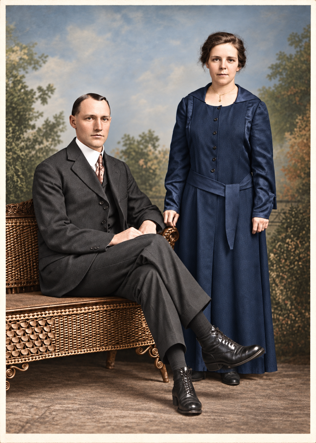 Restored studio portrait with natural historical colorization