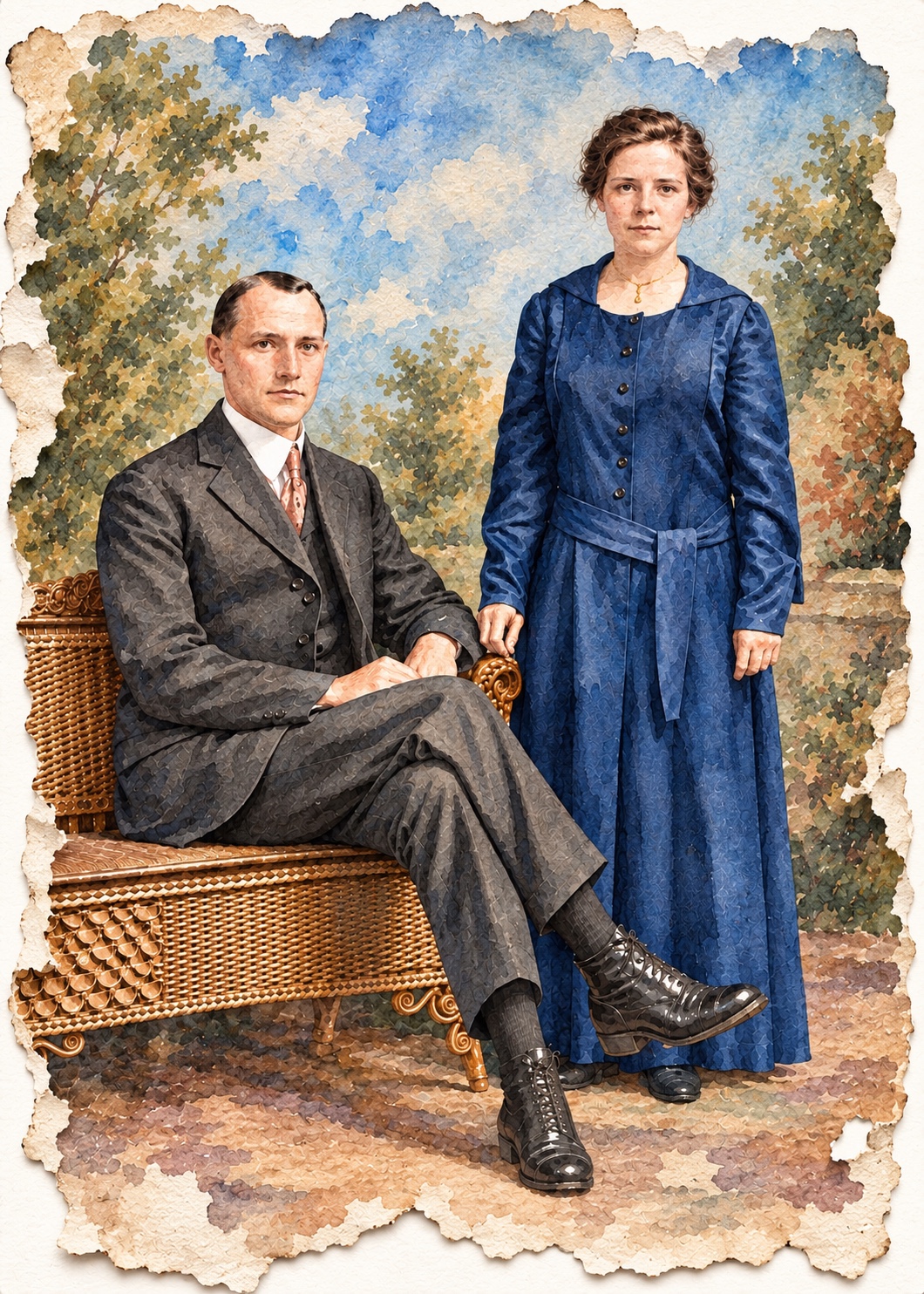 Restored family portrait transformed into a hand-painted watercolor