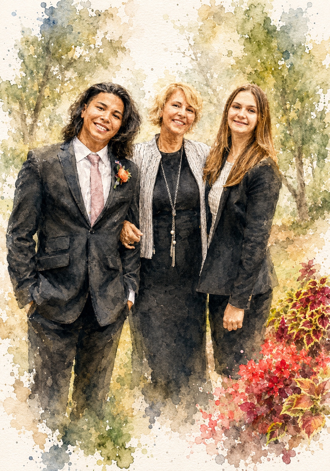 Watercolor portrait of three people gathered outdoors