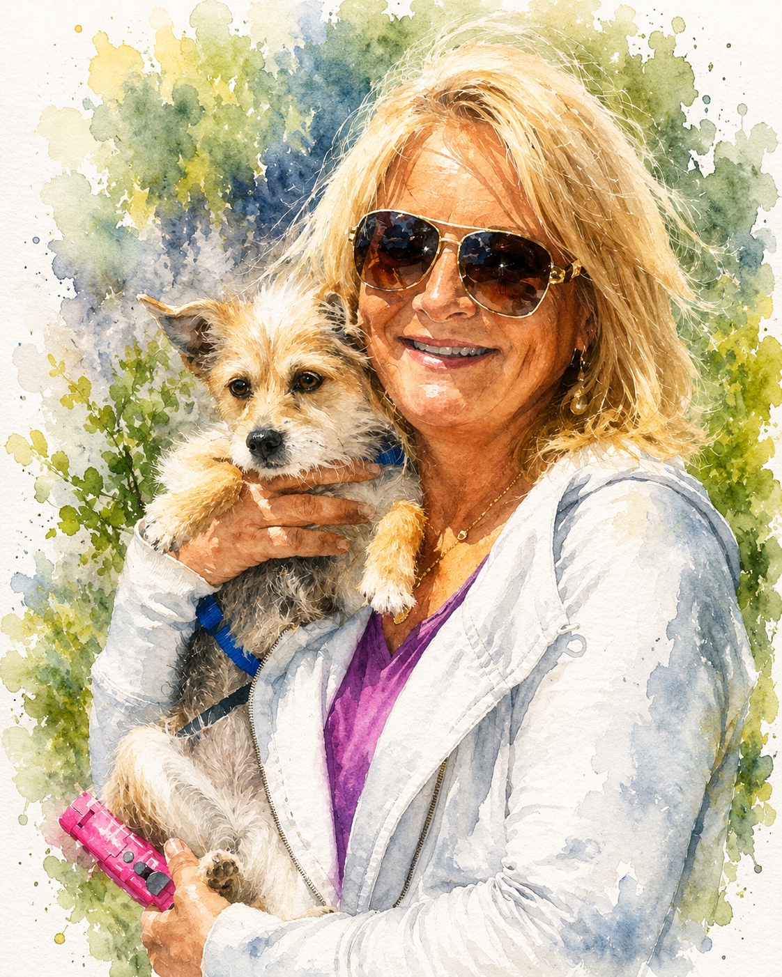 Watercolor portrait of a woman holding her dog after the special effect