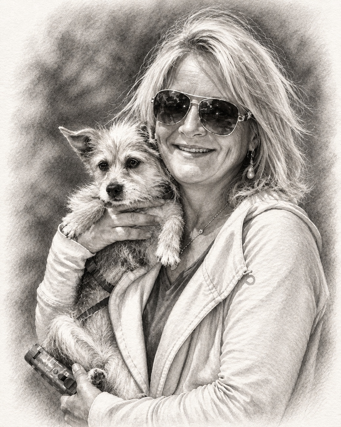 Graphite portrait of a woman holding her dog before the watercolor effect