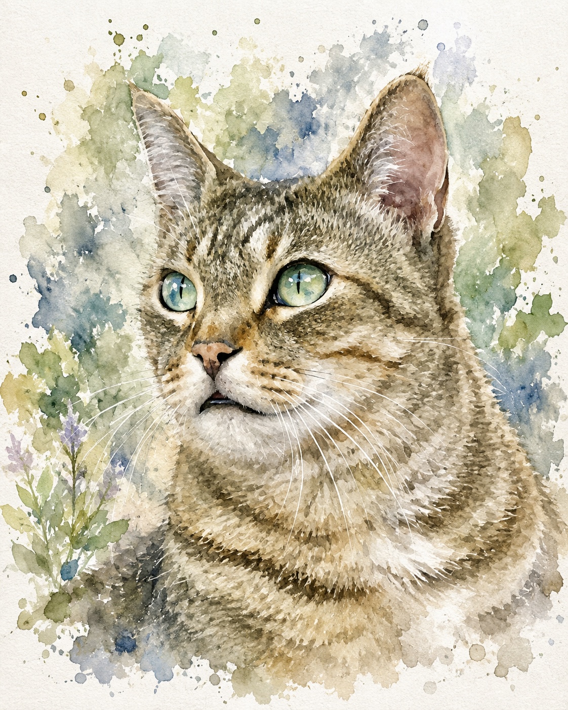 Watercolor cat portrait after the special effect