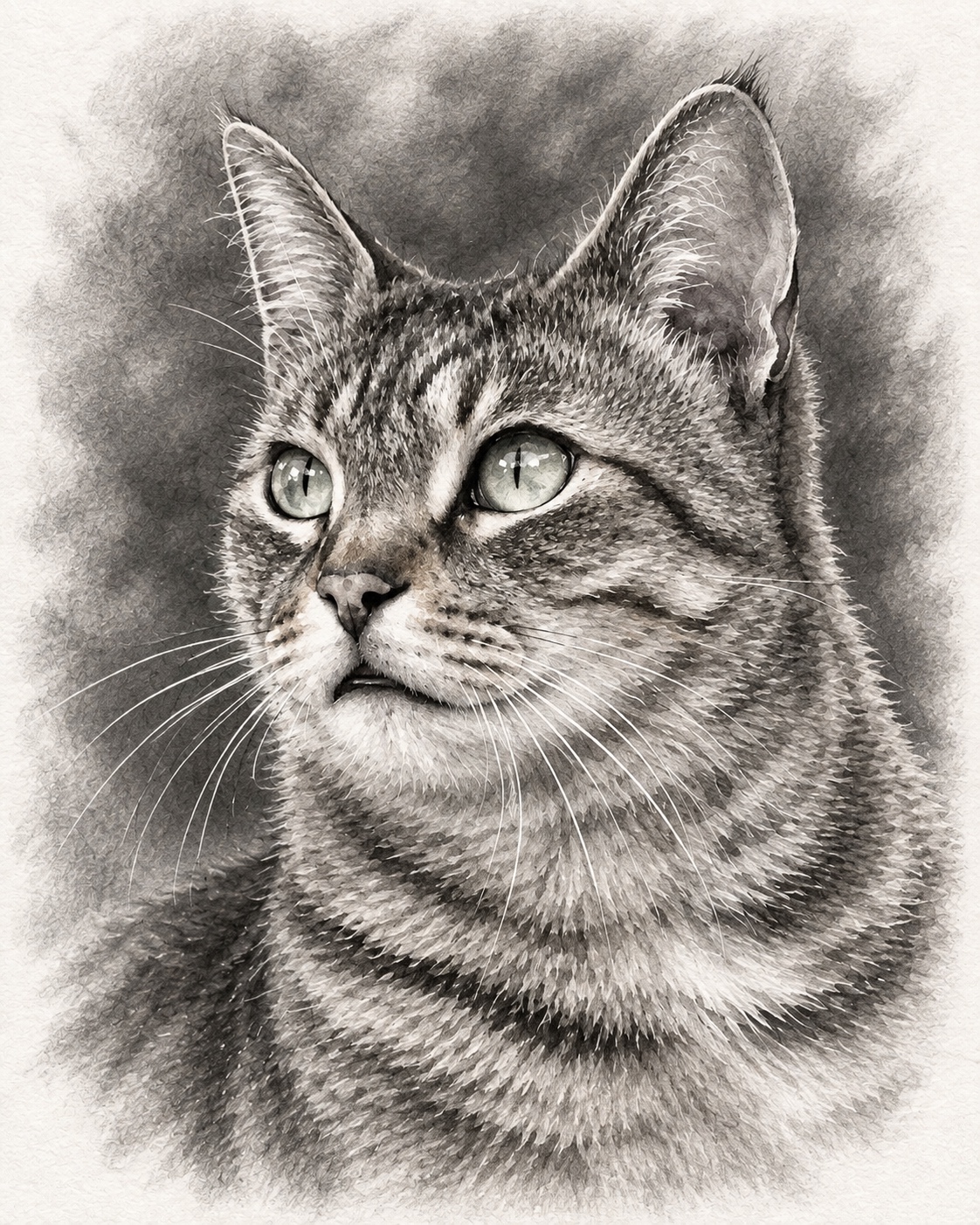 Graphite cat portrait before the watercolor effect