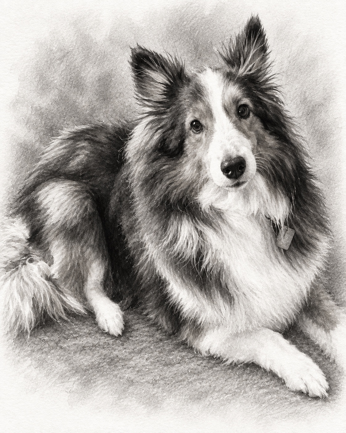 Graphite dog portrait before the watercolor effect