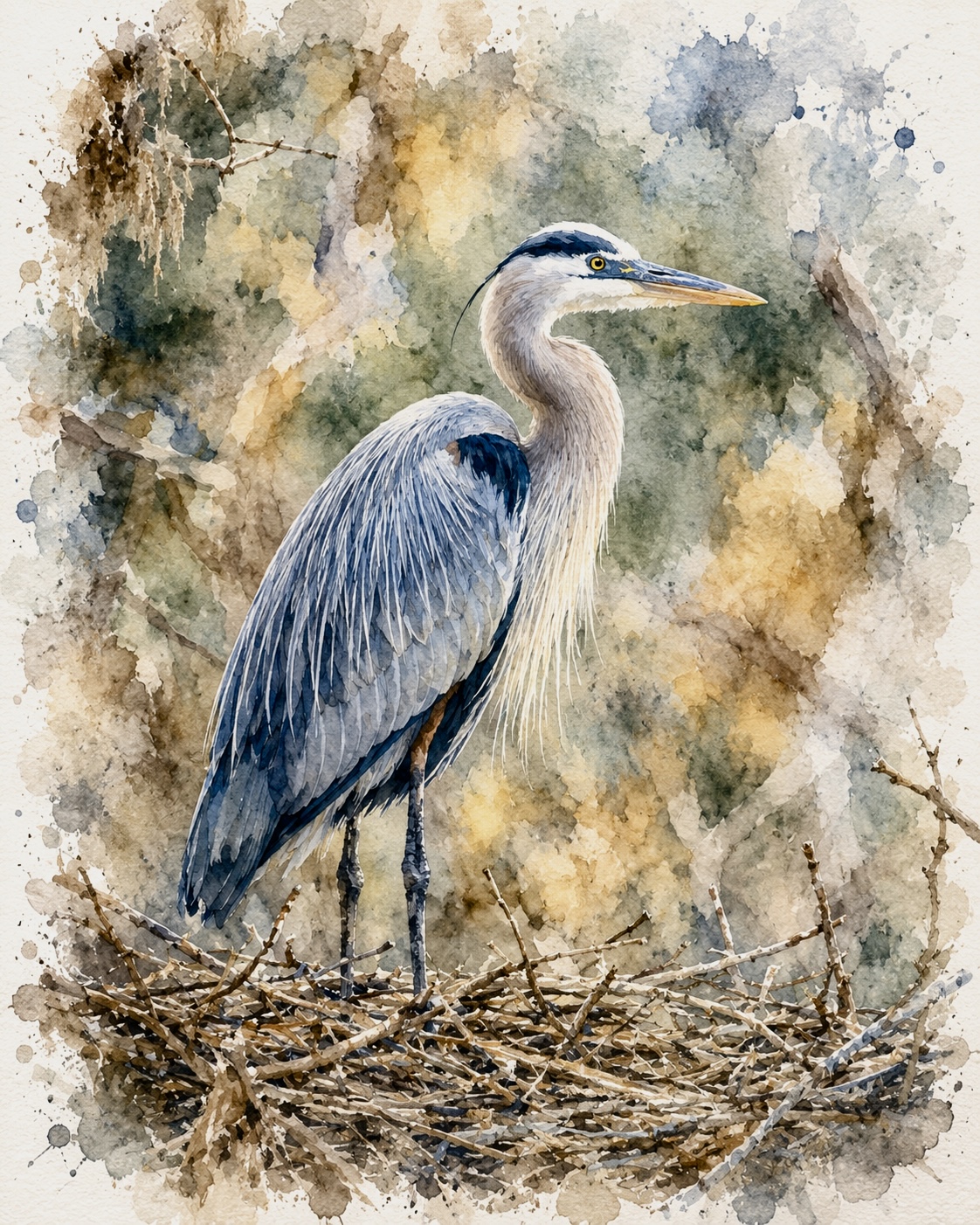 Watercolor heron portrait after the special effect