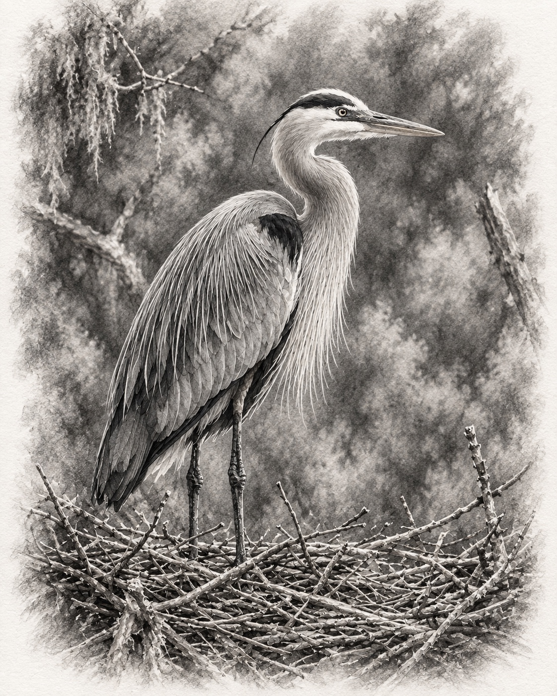 Graphite heron portrait before the watercolor effect