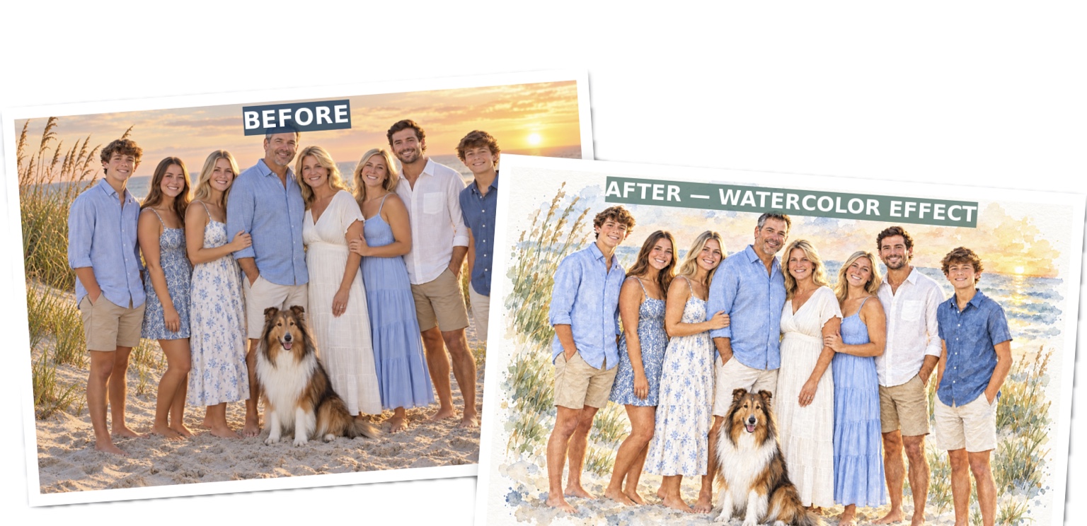 Family beach photograph shown before and after a watercolor transformation